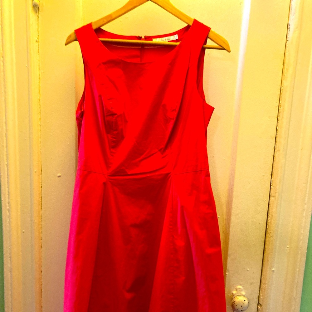 Sleeveless red cotton Boden dress 10P flared skirt with pockets.